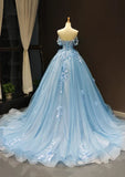A-Line Off-the-Shoulder Sweetheart Sweep Train Tulle Prom Dress, Sky Blue Applique Wedding Dress HZ1108