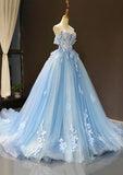 A-Line Off-the-Shoulder Sweetheart Sweep Train Tulle Prom Dress, Sky Blue Applique Wedding Dress HZ1108