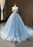 A-Line Off-the-Shoulder Sweetheart Sweep Train Tulle Prom Dress, Sky Blue Applique Wedding Dress HZ1108