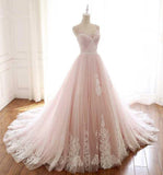 Pink A Line Spaghetti Strap Tulle Beaded Long Prom Dress Sweet Applique Wedding Dress HZ1108