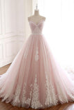Pink A Line Spaghetti Strap Tulle Beaded Long Prom Dress Sweet Applique Wedding Dress HZ1108