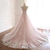 Pink A Line Spaghetti Strap Tulle Beaded Long Prom Dress Sweet Applique Wedding Dress HZ1108