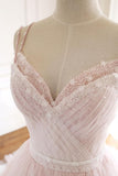 Pink A Line Spaghetti Strap Tulle Beaded Long Prom Dress Sweet Applique Wedding Dress HZ1108