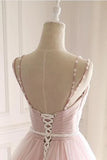Pink A Line Spaghetti Strap Tulle Beaded Long Prom Dress Sweet Applique Wedding Dress HZ1108