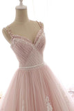 Pink A Line Spaghetti Strap Tulle Beaded Long Prom Dress Sweet Applique Wedding Dress HZ1108