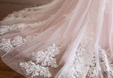 Pink A Line Spaghetti Strap Tulle Beaded Long Prom Dress Sweet Applique Wedding Dress HZ1108