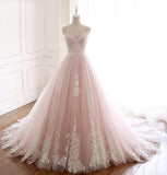 Pink A Line Spaghetti Strap Tulle Beaded Long Prom Dress Sweet Applique Wedding Dress HZ1108