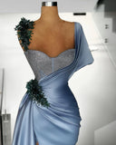 Blue Mermaid Sweetheart Satin Long Prom Dress Beaded One Shoulder Formal Evening Dress HZ1108