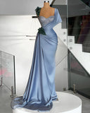 Blue Mermaid Sweetheart Satin Long Prom Dress Beaded One Shoulder Formal Evening Dress HZ1108