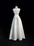 A-Line Spaghetti Strap Beaded Satin Long Prom Dress White Wedding Dress Graduation Prom Dress HZ1108