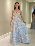 A-Line Sweetheart Neck Tulle Lace Blue Long Prom Dress Graduation Prom Dress HZ1108