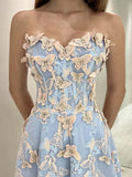 A-Line Sweetheart Neck Tulle Lace Blue Long Prom Dress Graduation Prom Dress HZ1108