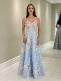 A-Line Sweetheart Neck Tulle Lace Blue Long Prom Dress Graduation Prom Dress HZ1108