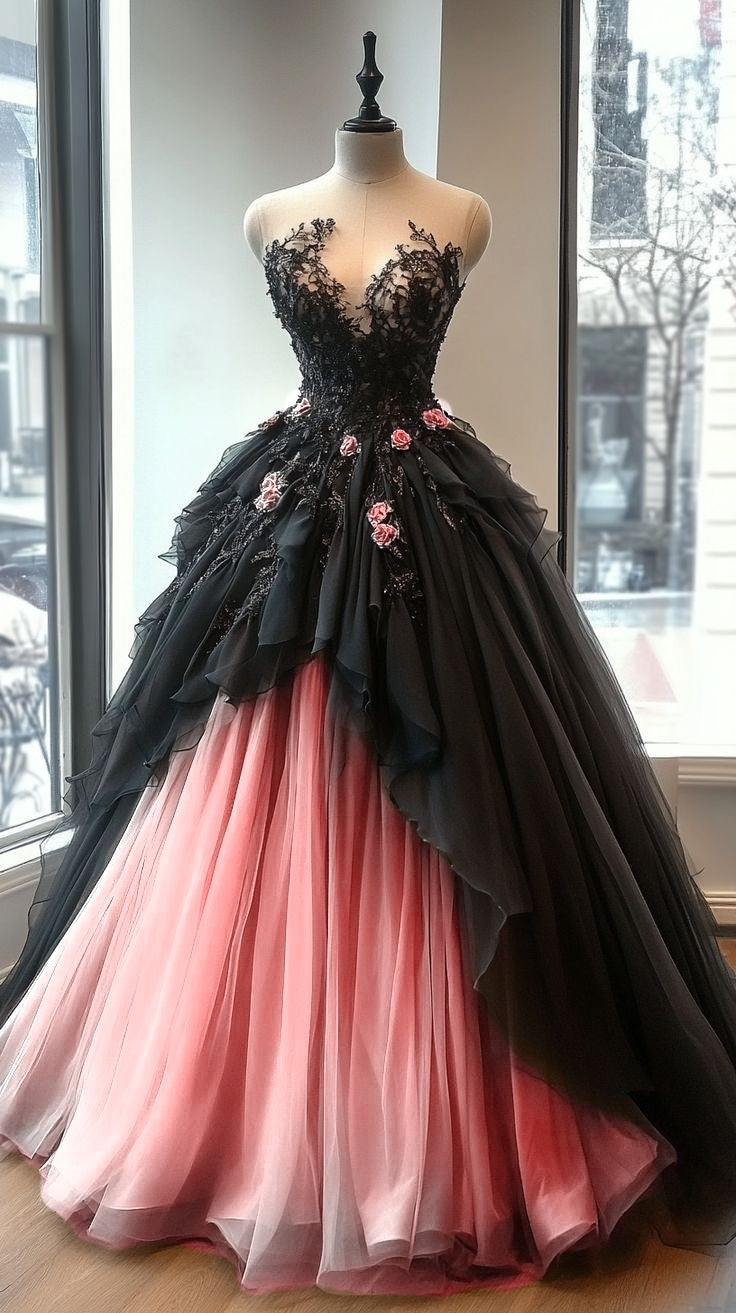 A-Line Sweetheart Neck Beaded Tulle Long Prom Dress for Quinceanera Lace Applique Wedding Dress HZ1108