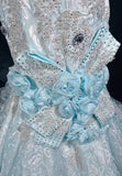Sky Blue Mermaid Spaghetti Straps Organza Diamond Long Prom Dress Lace Floral Evening Gown HZ1108