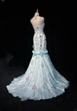Sky Blue Mermaid Spaghetti Straps Organza Diamond Long Prom Dress Lace Floral Evening Gown HZ1108