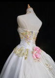 White A-Line Strapless Satin Sequins Long Prom Dress Embroidered Applique Wedding Dress HZ1108