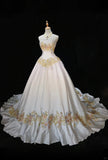 White A-Line Strapless Satin Sequins Long Prom Dress Embroidered Applique Wedding Dress HZ1108