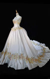 White A-Line Strapless Satin Sequins Long Prom Dress Embroidered Applique Wedding Dress HZ1108