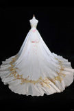 White A-Line Strapless Satin Sequins Long Prom Dress Embroidered Applique Wedding Dress HZ1108