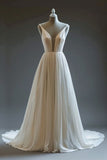 White A-Line Spaghetti Strap Chiffon Long Wedding Dress Simple Bridesmaid Dress HZ1108