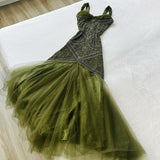 Dark Green Merimaid Spaghetti Strap Tulle Beaded Long Prom Dress Birthday Graduation Prom Dress HZ1108