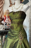 Vintage Mermaid Strapless Olive Green Satin Tulle Long Prom Dress Sequin Beaded Evening Dress HZ1108