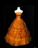 Retro Orange A-Line Strapless Tulle Sequin Long Prom Dress Gorgeous Sweet 16 Dress Quinceanera Dress HZ1108