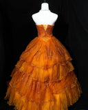 Retro Orange A-Line Strapless Tulle Sequin Long Prom Dress Gorgeous Sweet 16 Dress Quinceanera Dress HZ1108