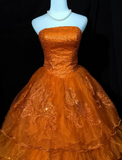 Retro Orange A-Line Strapless Tulle Sequin Long Prom Dress Gorgeous Sweet 16 Dress Quinceanera Dress HZ1108