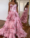 Sweetheart A-Line Chiffon Floral Print Ruffle Long Prom Dress with Slit HZ1108