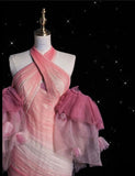 Pink Mermaid Halter Neck Tulle Long Prom Dress Sweet 16 Dress HZ1108