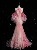 Pink Mermaid Halter Neck Tulle Long Prom Dress Sweet 16 Dress HZ1108