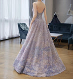 A-Line Spaghetti Strap Tulle Applique Long Prom Dress Adult Ceremony Birthday Dress HZ1108