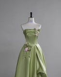 Beautiful Green A-Line Strapless Satin Applique Long Prom Dress Cute Birthday Dress Formal Evening Dress HZ1108