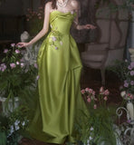 Beautiful Green A-Line Strapless Satin Applique Long Prom Dress Cute Birthday Dress Formal Evening Dress HZ1108
