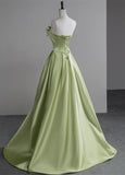Beautiful Green A-Line Strapless Satin Applique Long Prom Dress Cute Birthday Dress Formal Evening Dress HZ1108