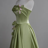 Beautiful Green A-Line Strapless Satin Applique Long Prom Dress Cute Birthday Dress Formal Evening Dress HZ1108