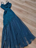Teal Spaghetti Strap Chiffon Beaded Appliqu¨¦ Long Prom Dress Evening Dress HZ1108
