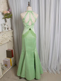 Vintage Light Green Mermaid Halter Satin Beaded Long Prom Dress HZ1108