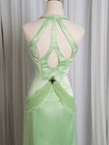 Vintage Light Green Mermaid Halter Satin Beaded Long Prom Dress HZ1108