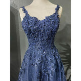 Gray Blue A-Line Spaghetti Strap Tulle Beaded Long Prom Dress Applique Graduation Prom Dress HZ1108