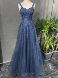 Gray Blue A-Line Spaghetti Strap Tulle Beaded Long Prom Dress Applique Graduation Prom Dress HZ1108