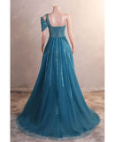 A-Line One Shoulder Tulle Beaded Long Prom Dress Elegant Evening Gown HZ1108