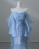 Sky Blue Mermaid Strapless Tulle Beaded Long Prom Dress Elegant Evening Dress HZ1108