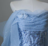 Sky Blue Mermaid Strapless Tulle Beaded Long Prom Dress Elegant Evening Dress HZ1108