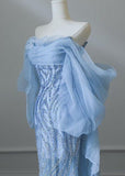 Sky Blue Mermaid Strapless Tulle Beaded Long Prom Dress Elegant Evening Dress HZ1108