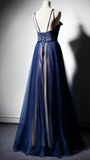 Navy Blue Tulle V Neck Long Women Prom Dress, Lace Up Evening Dress HZ1108