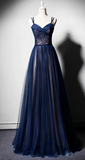 Navy Blue Tulle V Neck Long Women Prom Dress, Lace Up Evening Dress HZ1108