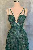 Dark Green A-Line Spaghetti Strap Tulle Beads Long Prom Dress With Appliques HZ1108